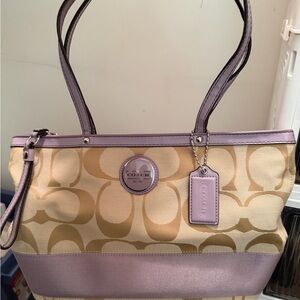 Coach vintage tote bag in signature canvas with purple leather trim - Good